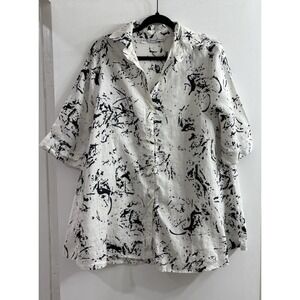 Courtney Washington Womens L Linen Shirt Black White Abstract Splash Made in USA